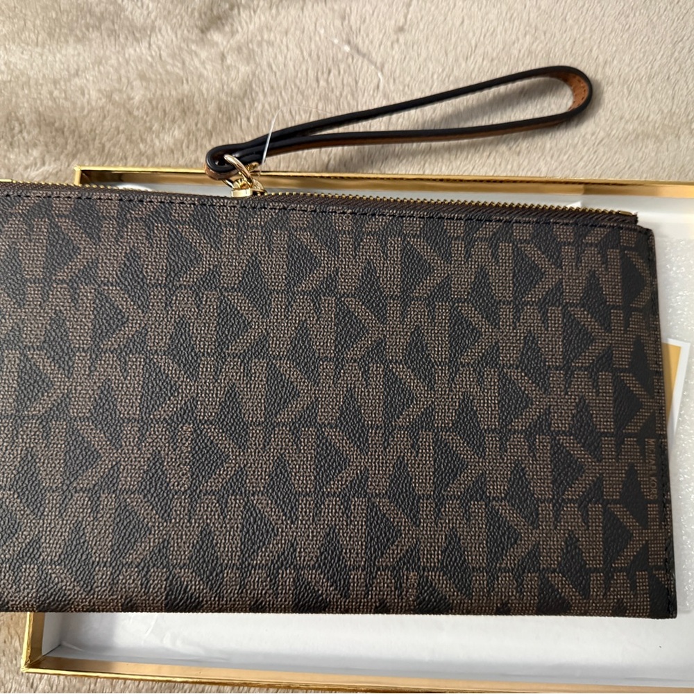 Michael Kors Brown Logo Zip Wristlet with Gold Hardware - Picture 2 of 5